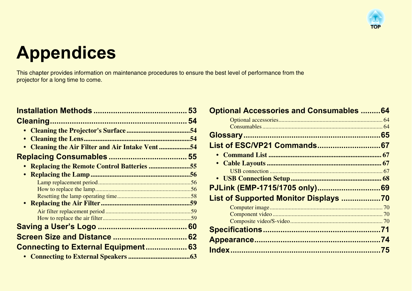 Appendices | Epson EMP-1715/1710 User Manual | Page 52 / 77