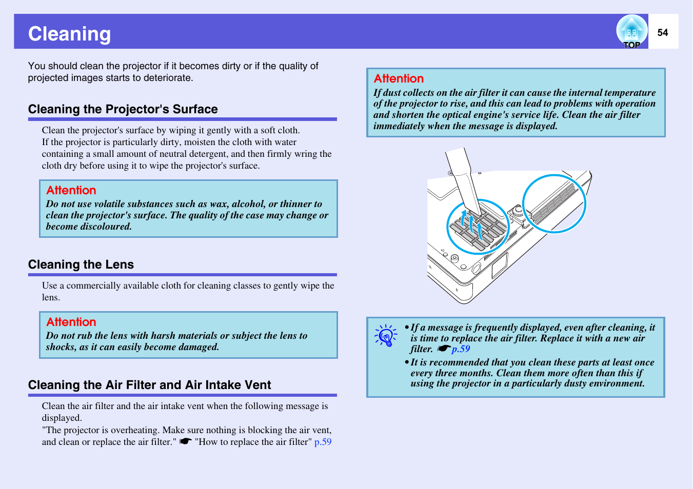 Cleaning, Cleaning the projector's surface, Cleaning the lens | Cleaning the air filter and air intake vent, P.54 | Epson EMP-1715/1710 User Manual | Page 54 / 77