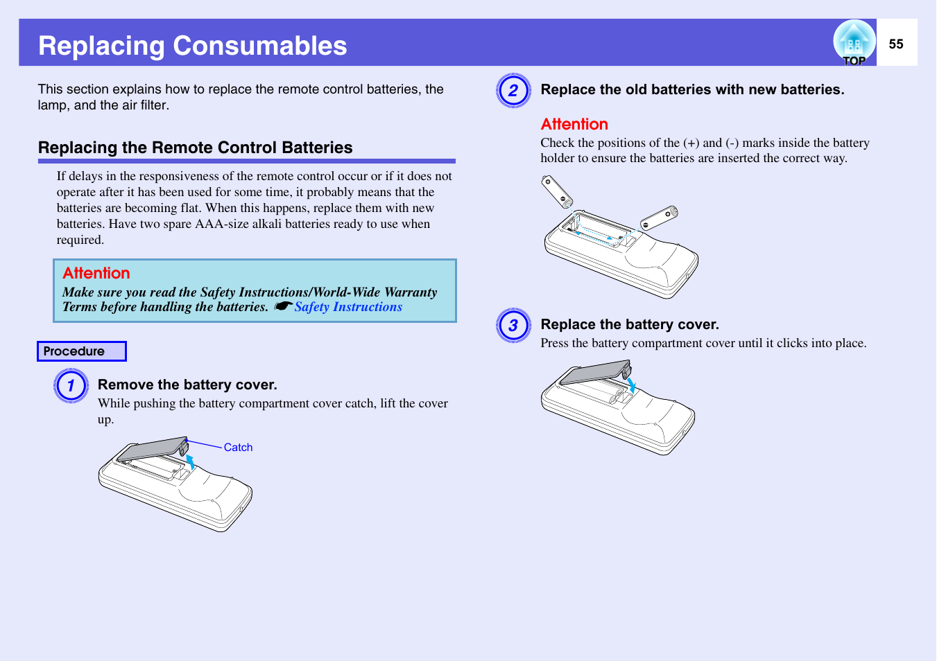 Replacing consumables, Replacing the remote control batteries, P.55 | Epson EMP-1715/1710 User Manual | Page 55 / 77