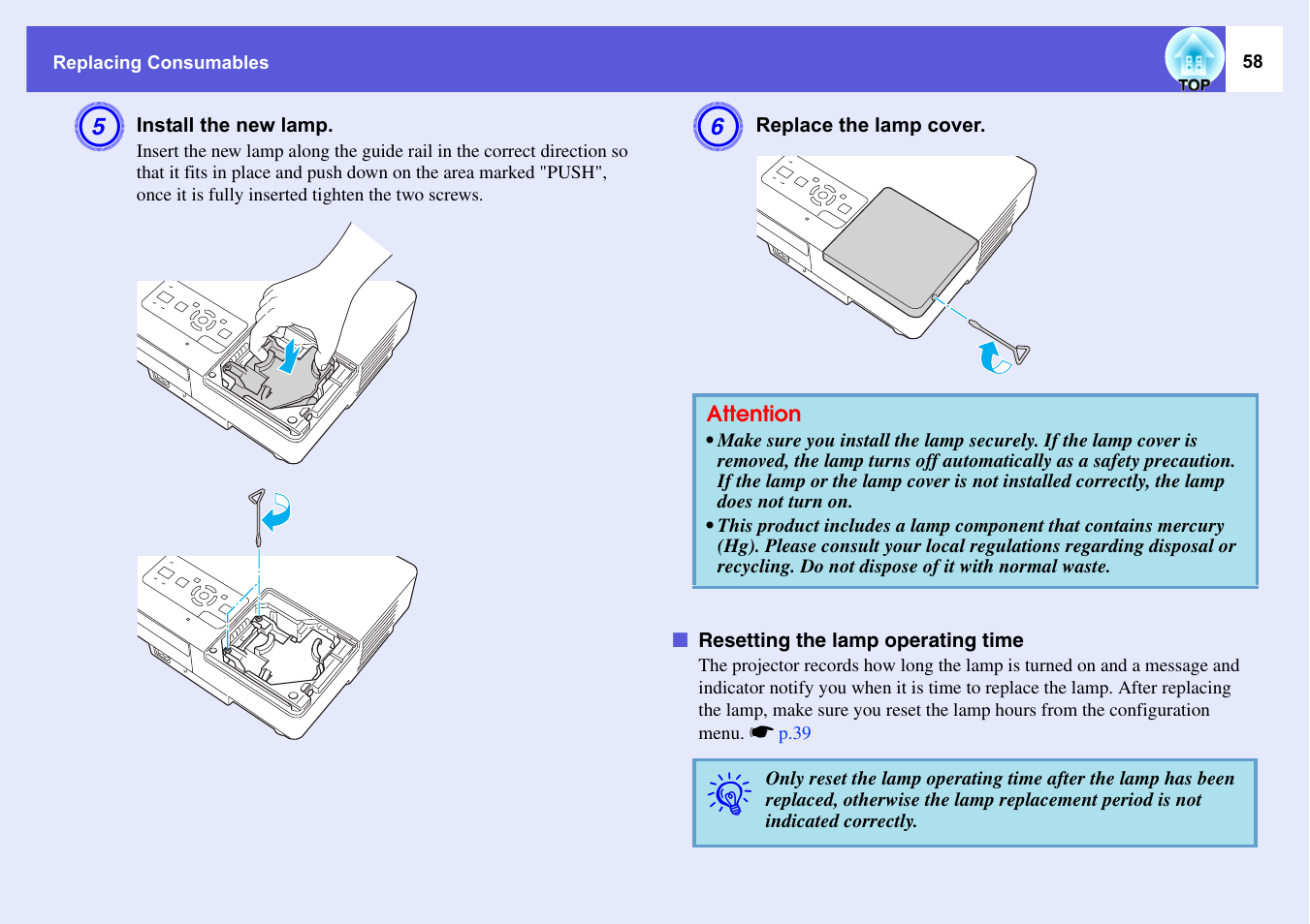 Resetting the lamp operating time | Epson EMP-1715/1710 User Manual | Page 58 / 77