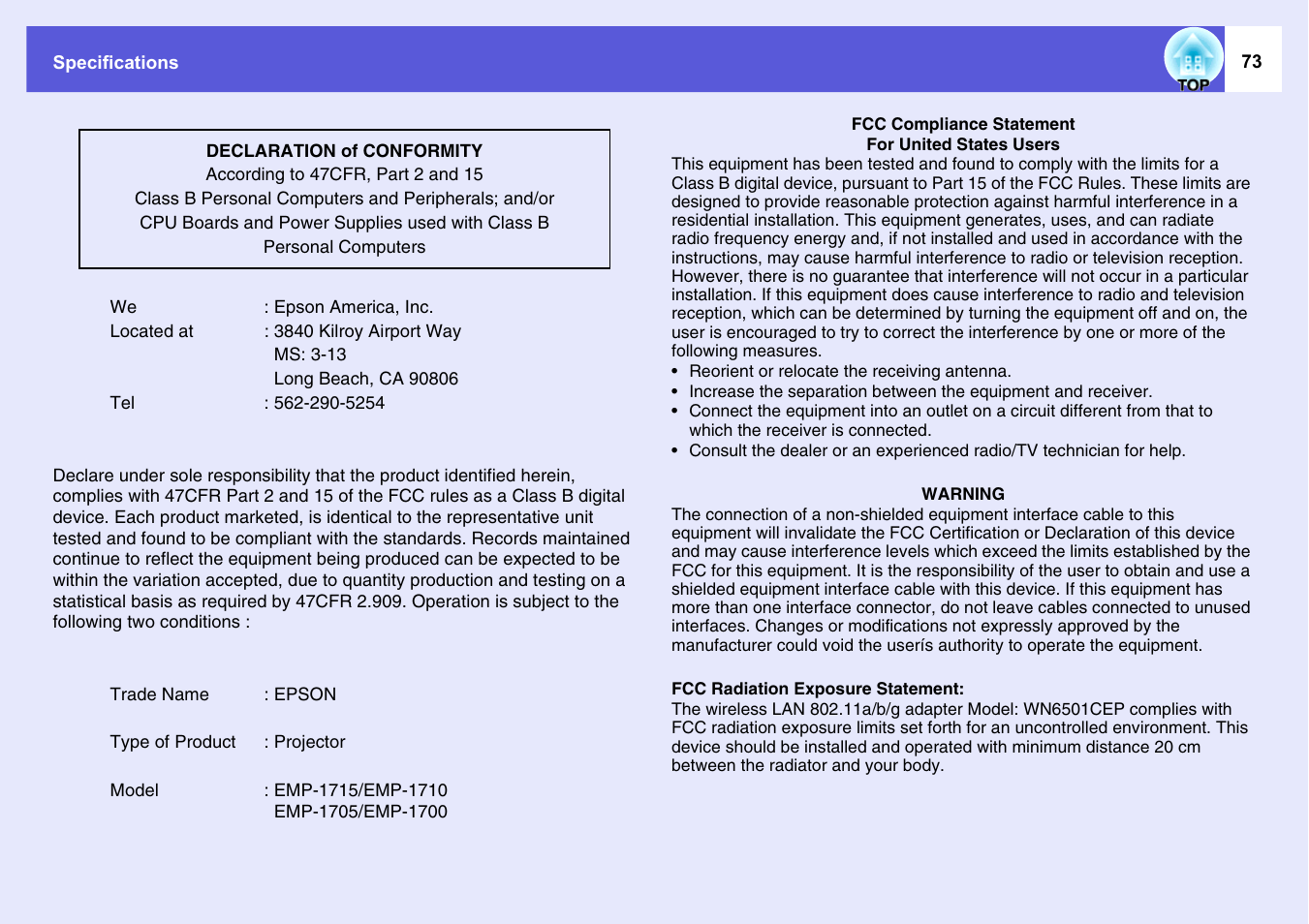 Epson EMP-1715/1710 User Manual | Page 73 / 77