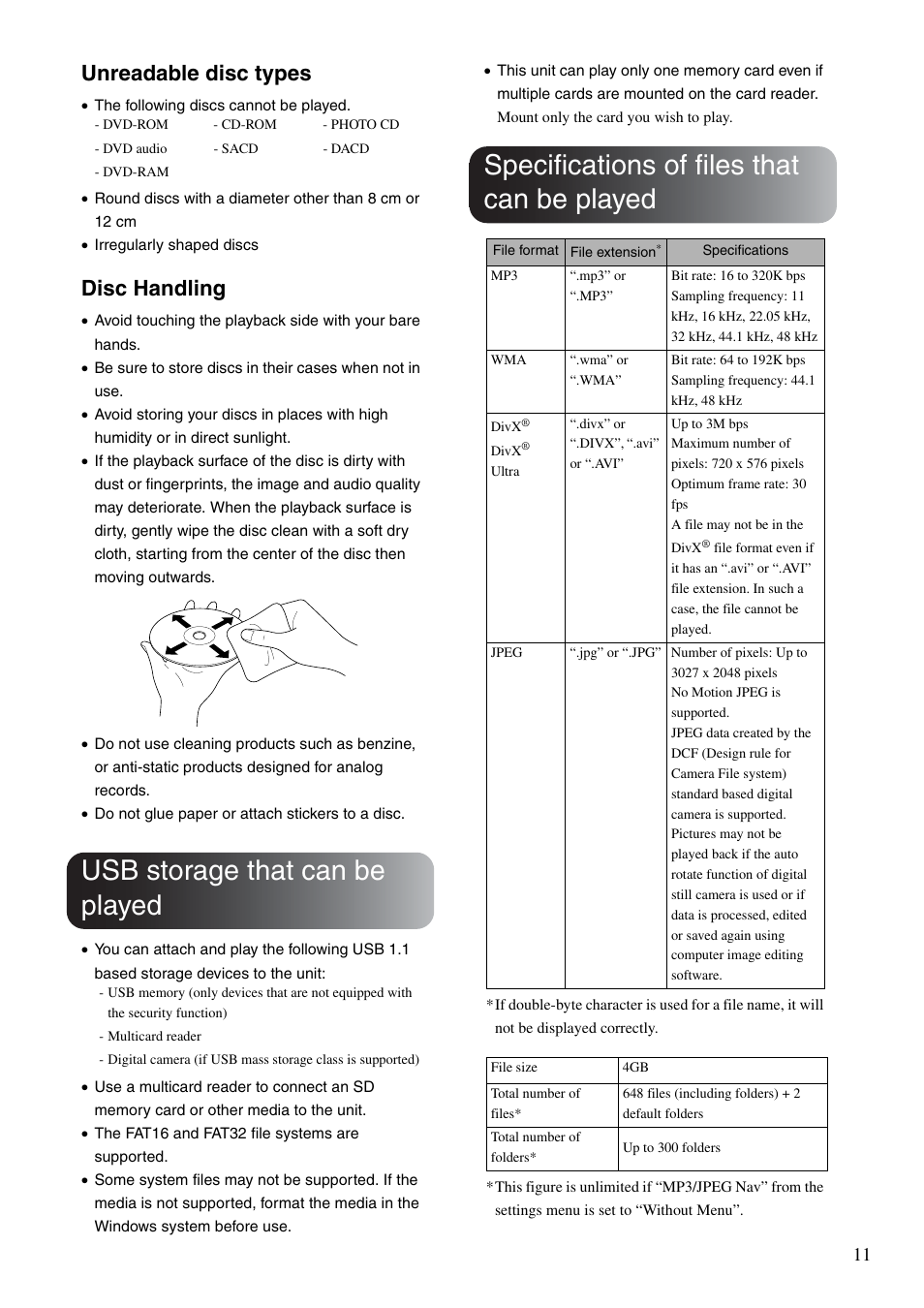Usb storage that can be played, Specifications of files that can be played, Unreadable disc types | Disc handling | Epson EB-W8D User Manual | Page 13 / 91