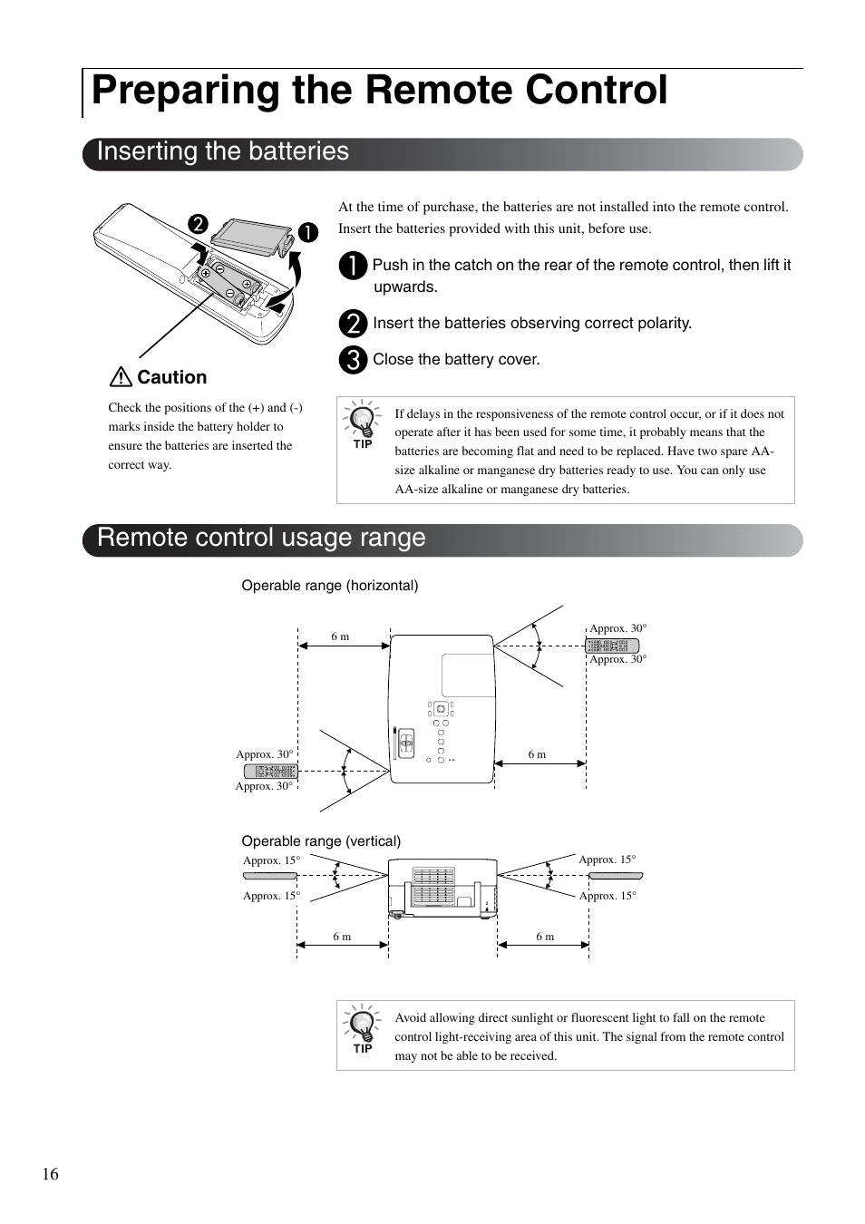 Preparing the remote control, Remote control, P. 16 | Inserting the batteries, Remote control usage range | Epson EB-W8D User Manual | Page 18 / 91