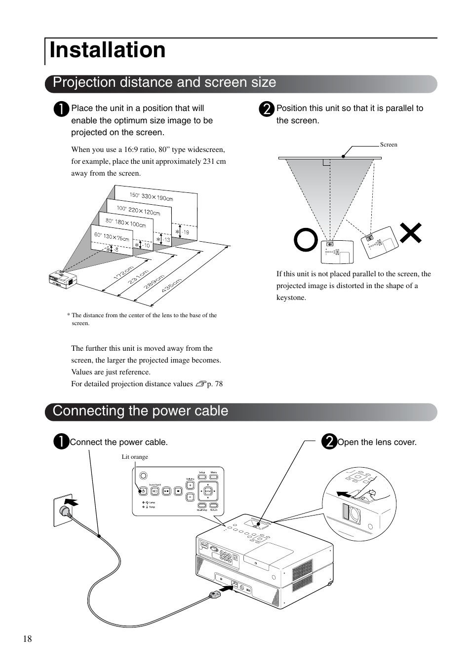 Installation, Projection distance and screen size, Connecting the power cable | P. 18, Sp. 18 | Epson EB-W8D User Manual | Page 20 / 91