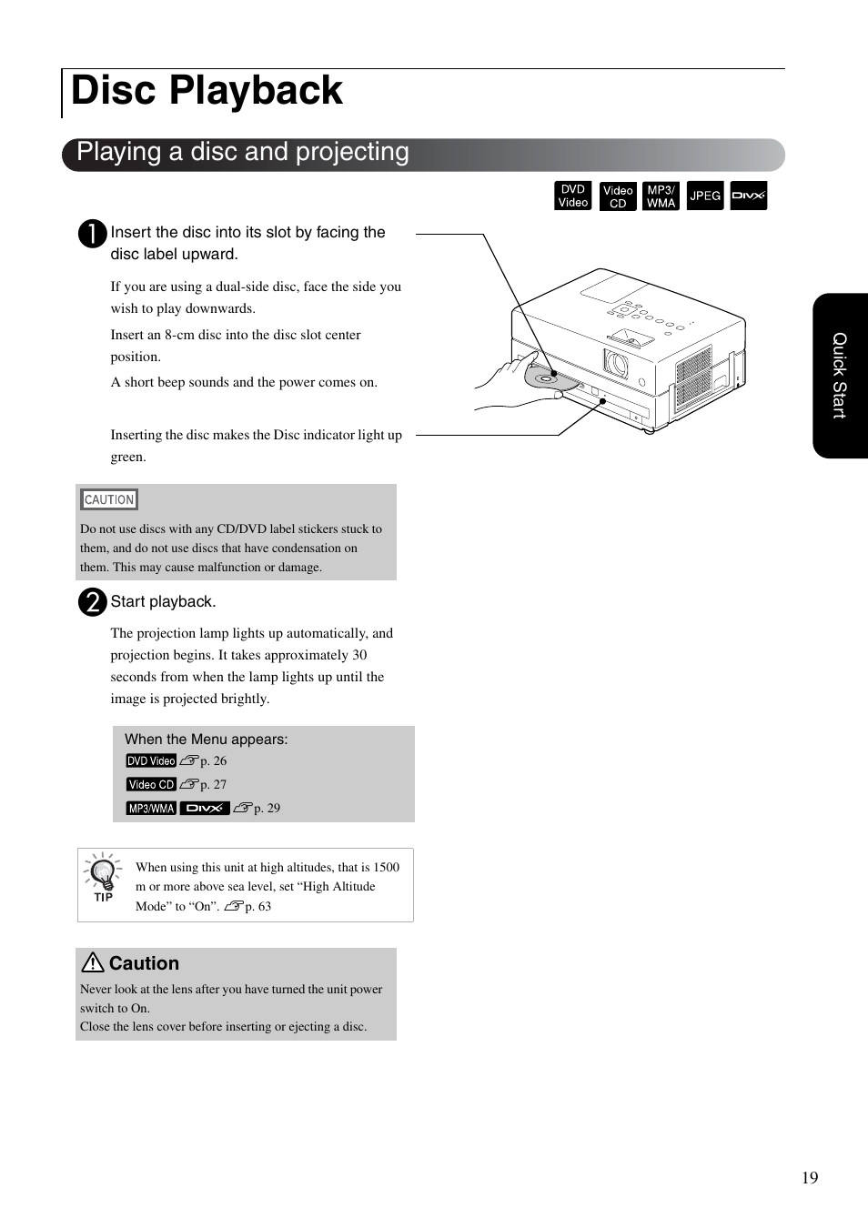 Disc playback, Playing a disc and projecting, P. 19 | Sp. 19 | Epson EB-W8D User Manual | Page 21 / 91