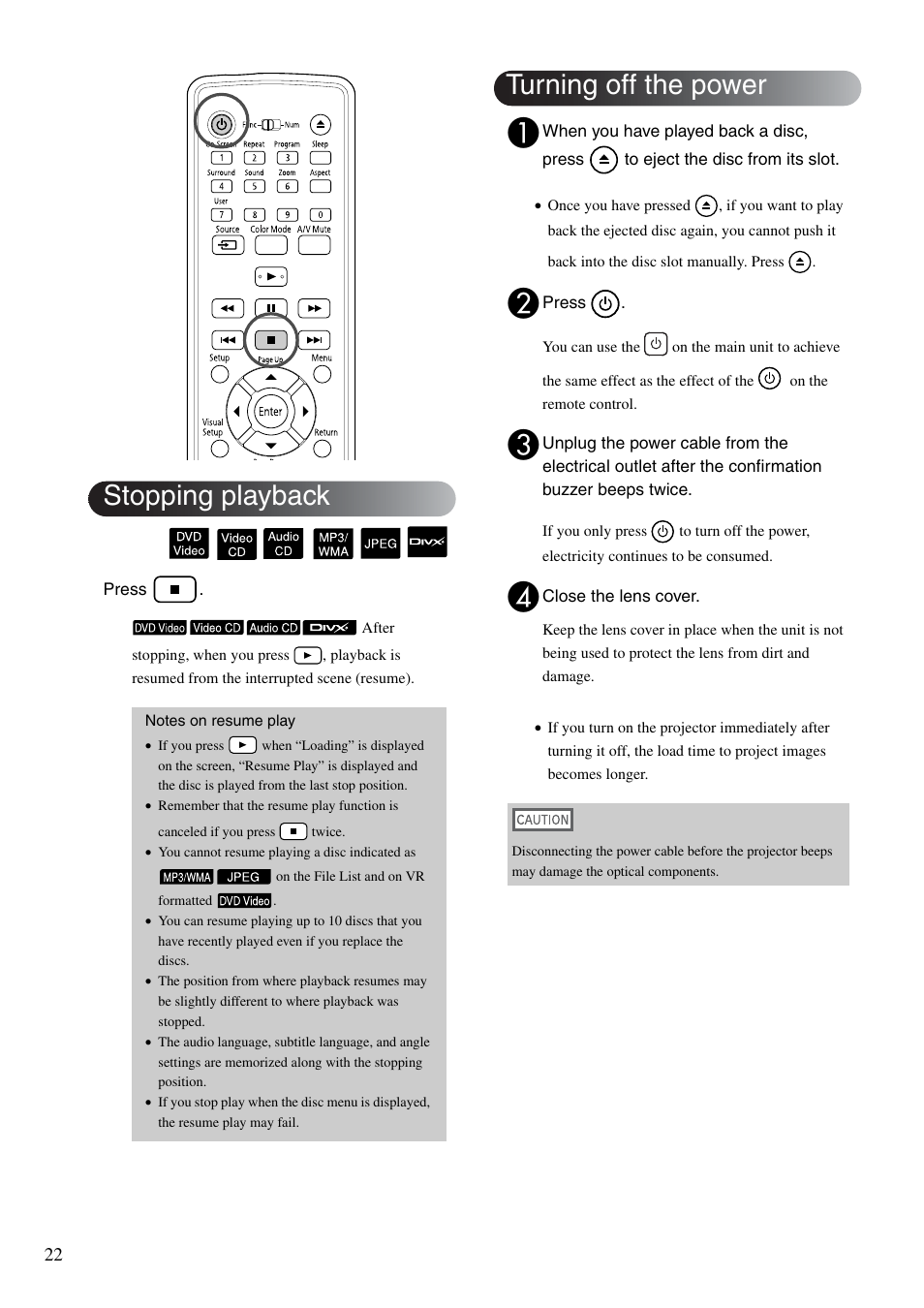 Stopping playback, Turning off the power, P. 22 | Sp. 22 | Epson EB-W8D User Manual | Page 24 / 91