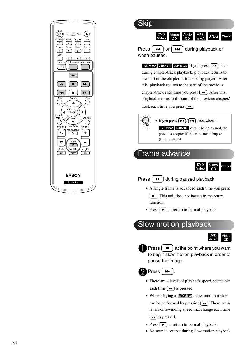 Skip, Frame advance, Slow motion playback | Sp. 24, Skip frame advance slow motion playback | Epson EB-W8D User Manual | Page 26 / 91