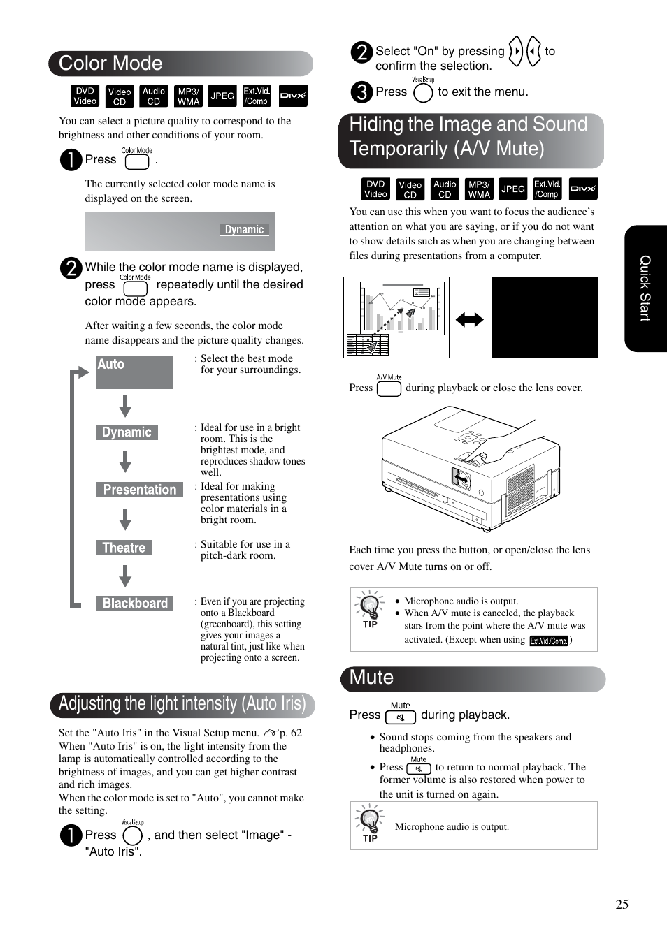 Color mode, Adjusting the light intensity (auto iris), Hiding the image and sound temporarily (a/v mute) | Mute, P. 25, Sp. 25 | Epson EB-W8D User Manual | Page 27 / 91