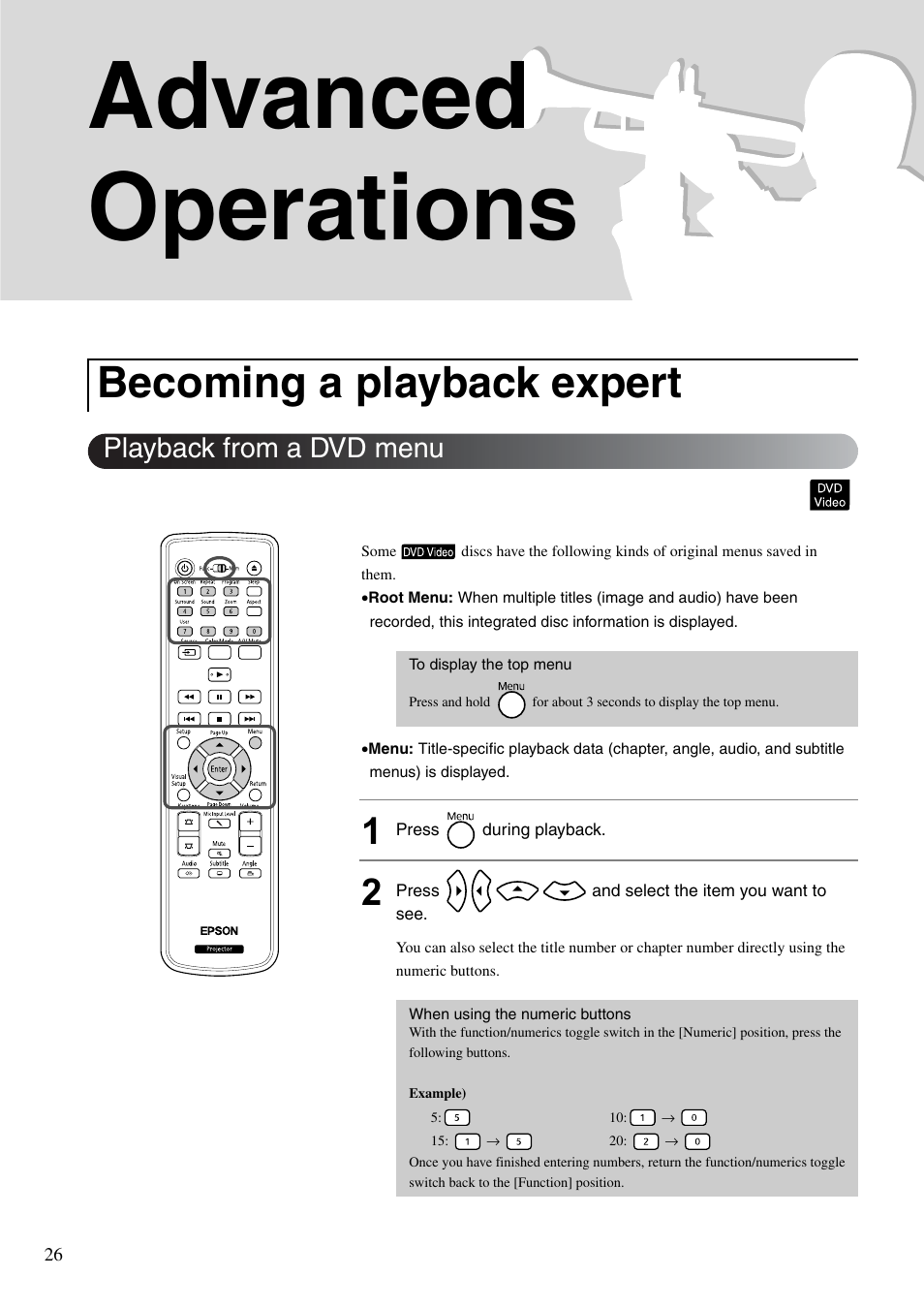 Advanced operations, Becoming a playback expert, Playback from a dvd menu | Sp. 26, P. 26, Sp. 26, 28 | Epson EB-W8D User Manual | Page 28 / 91