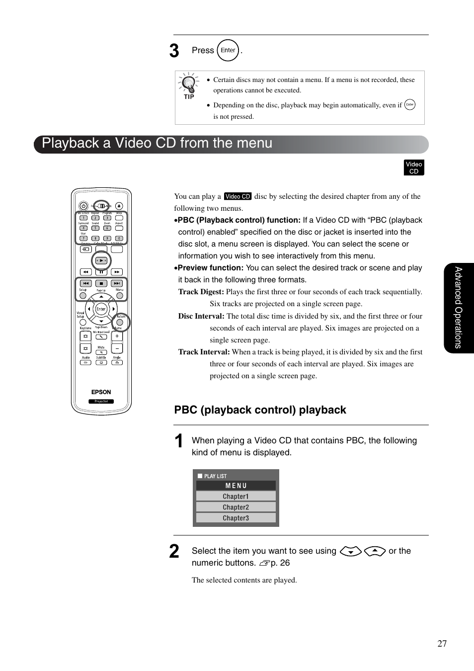 Playback a video cd from the menu, Sp. 27, P. 27 | Pbc (playback control) playback | Epson EB-W8D User Manual | Page 29 / 91