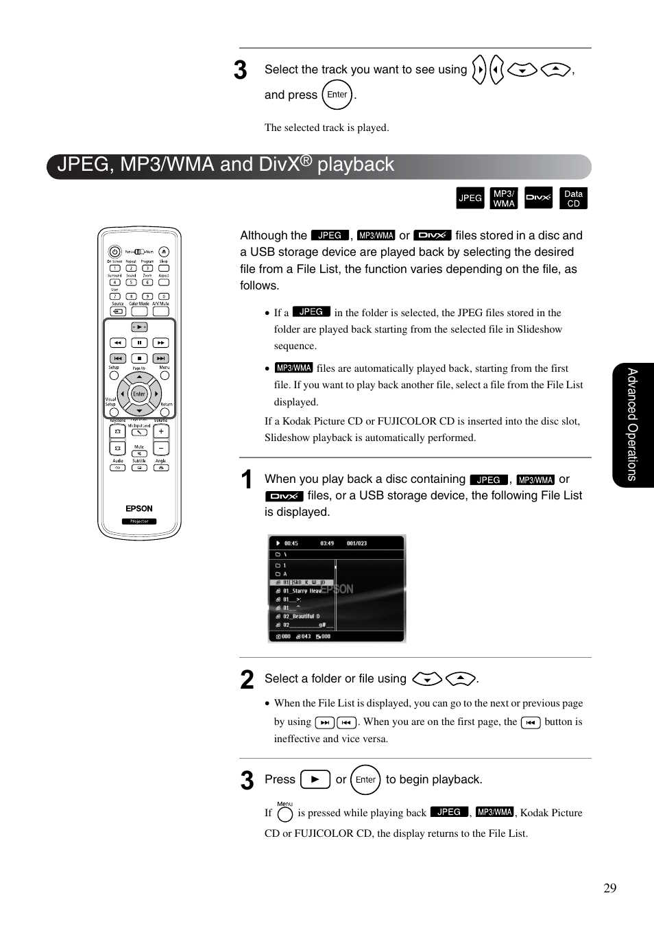 Jpeg, mp3/wma and divx® playback, Sp. 29, P. 29 | Jpeg, mp3/wma and divx, Playback | Epson EB-W8D User Manual | Page 31 / 91