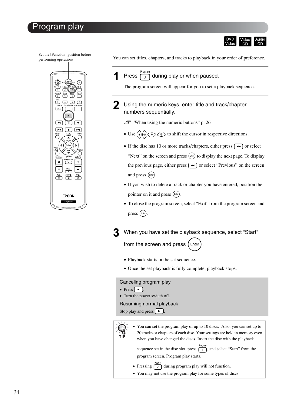 Program play, S p. 34 | Epson EB-W8D User Manual | Page 36 / 91