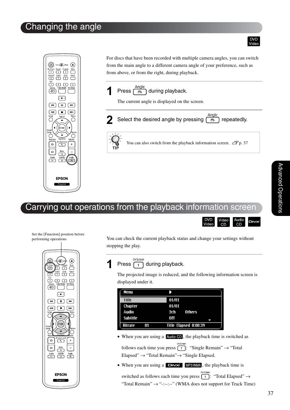 Changing the angle, S p. 37, Sp. 37 | P. 37 | Epson EB-W8D User Manual | Page 39 / 91