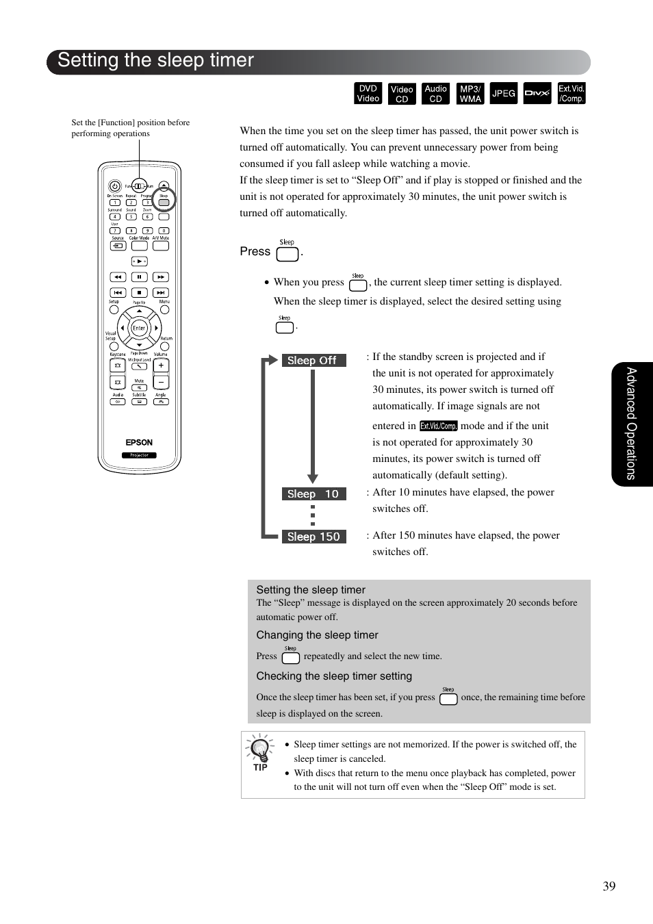 Setting the sleep timer, S p. 39, 39 adv anced oper ations | Epson EB-W8D User Manual | Page 41 / 91