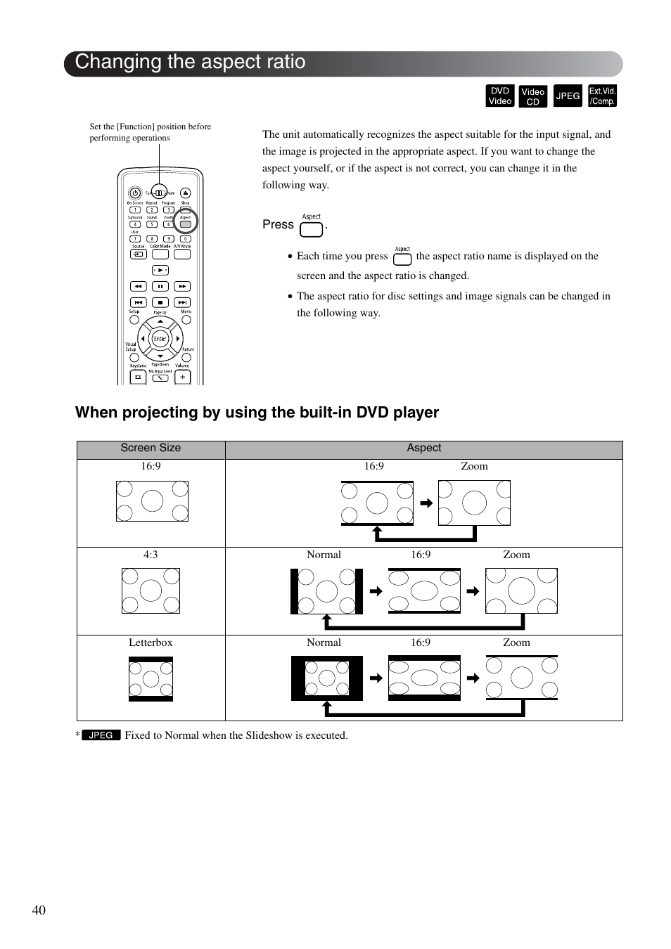 Changing the aspect ratio, S p. 40, When projecting by using the built-in dvd player | Epson EB-W8D User Manual | Page 42 / 91