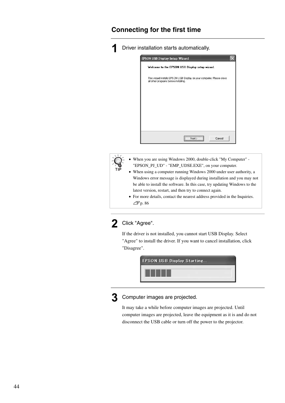 P. 44, Connecting for the first time | Epson EB-W8D User Manual | Page 46 / 91
