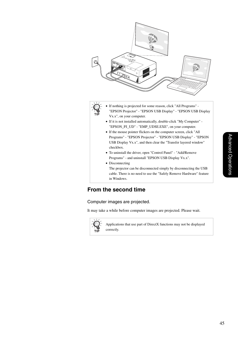 Second time, P. 45, 45 adv anced oper ations | Epson EB-W8D User Manual | Page 47 / 91