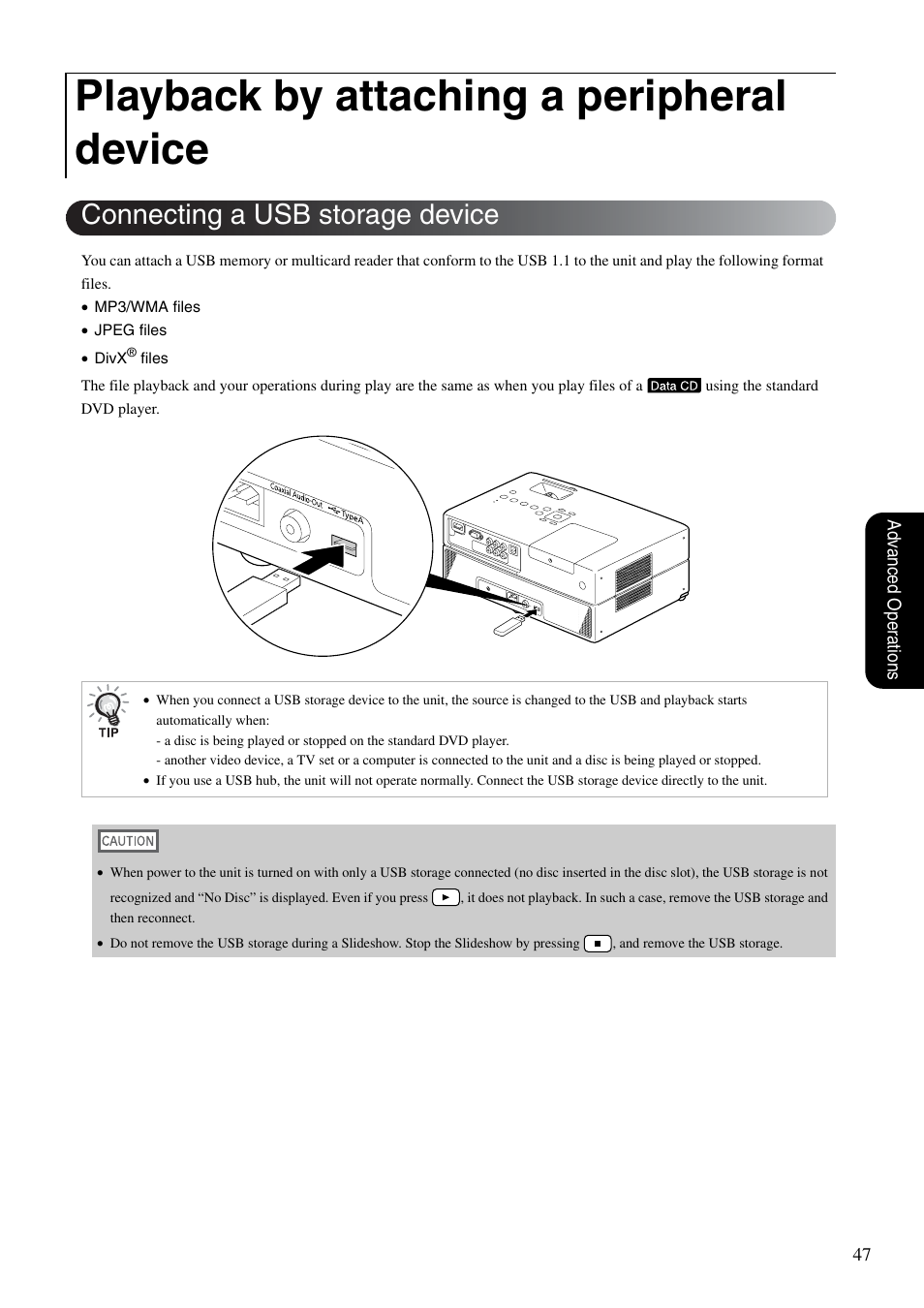 Playback by attaching a peripheral device, Connecting a usb storage device, Ages | P. 47 | Epson EB-W8D User Manual | Page 49 / 91