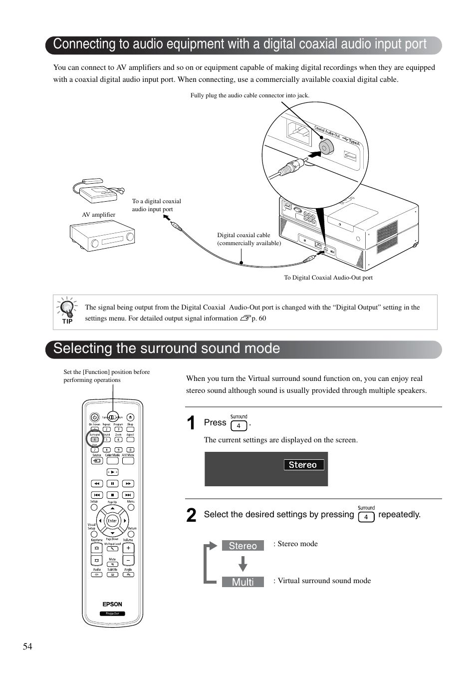Selecting the surround sound mode, P. 54, S p. 54 | Epson EB-W8D User Manual | Page 56 / 91