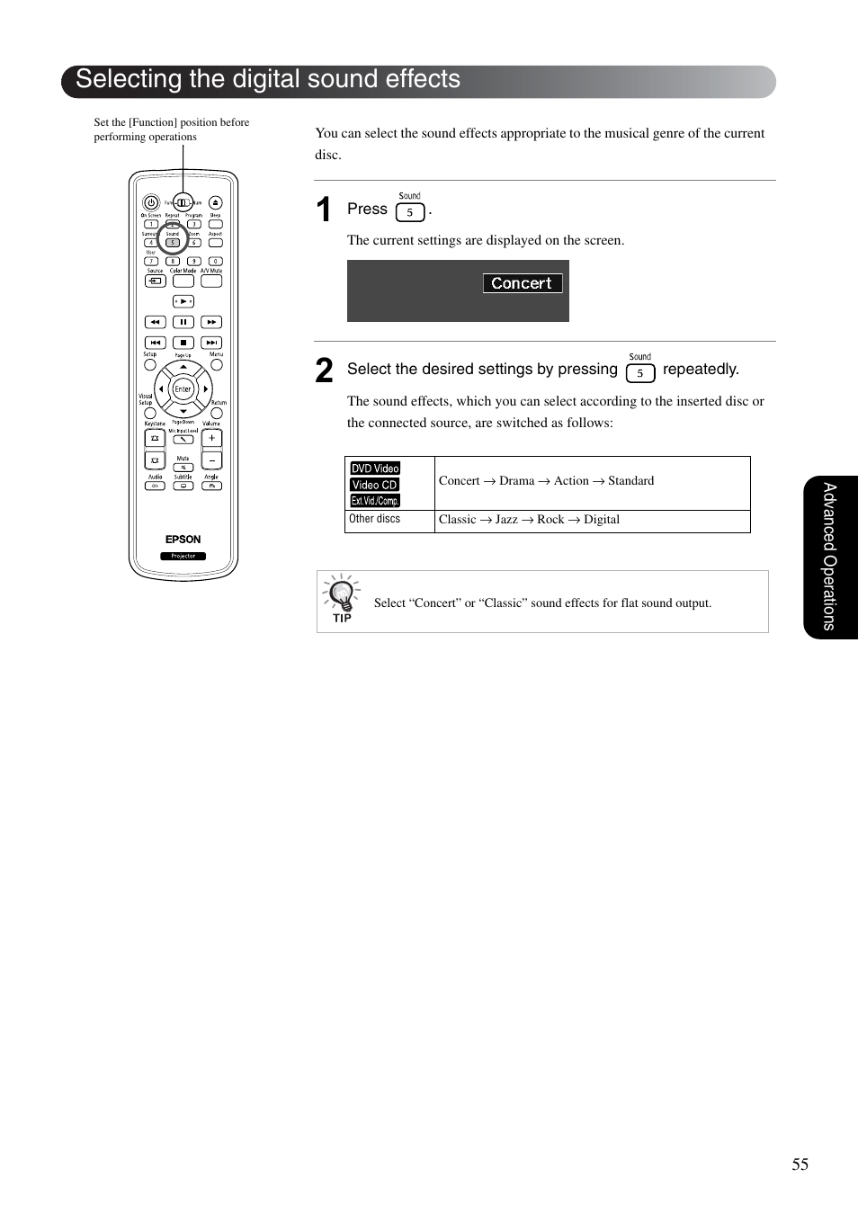 Selecting the digital sound effects, S p. 55 | Epson EB-W8D User Manual | Page 57 / 91
