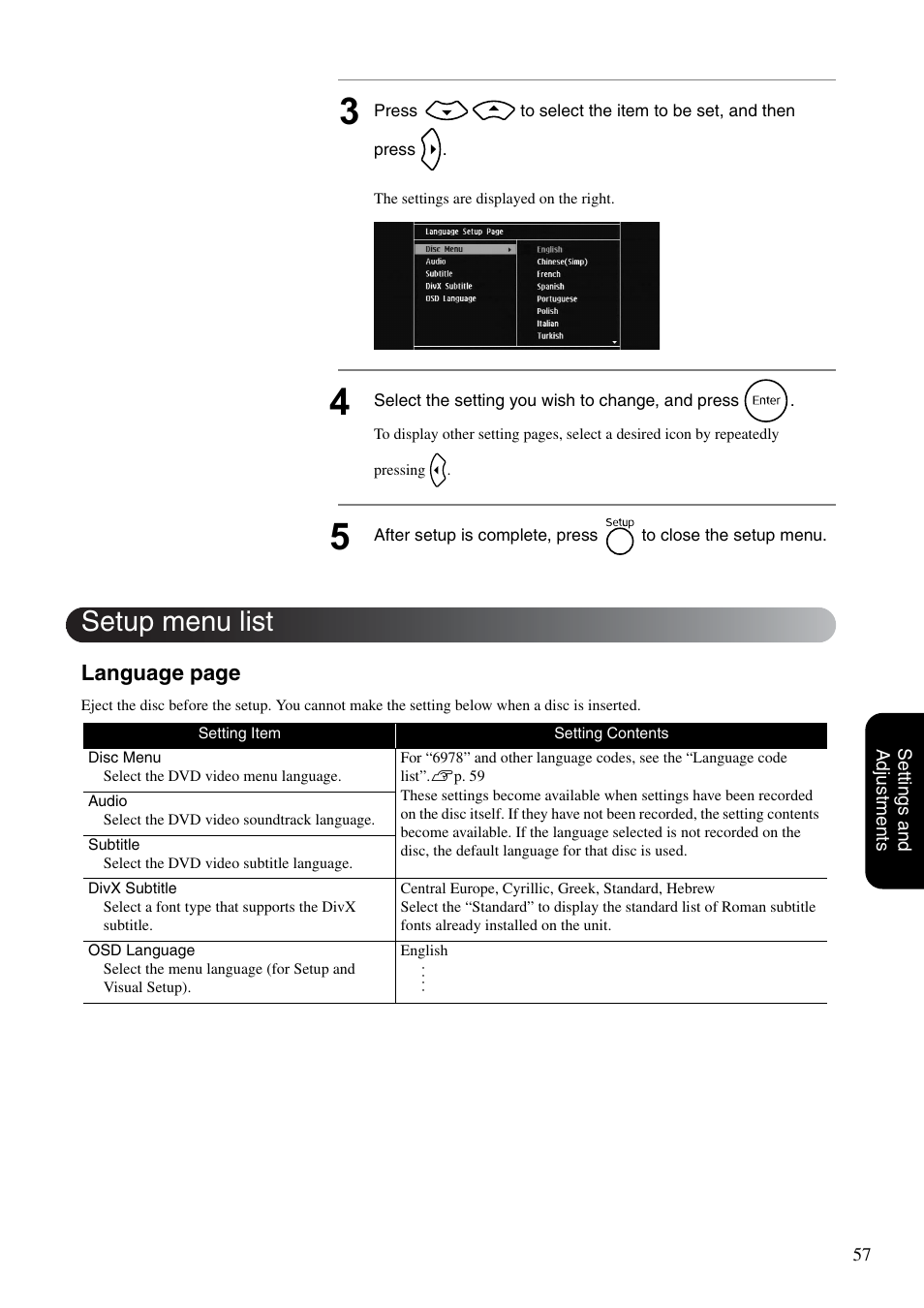 Setup menu list, Language page | Epson EB-W8D User Manual | Page 59 / 91