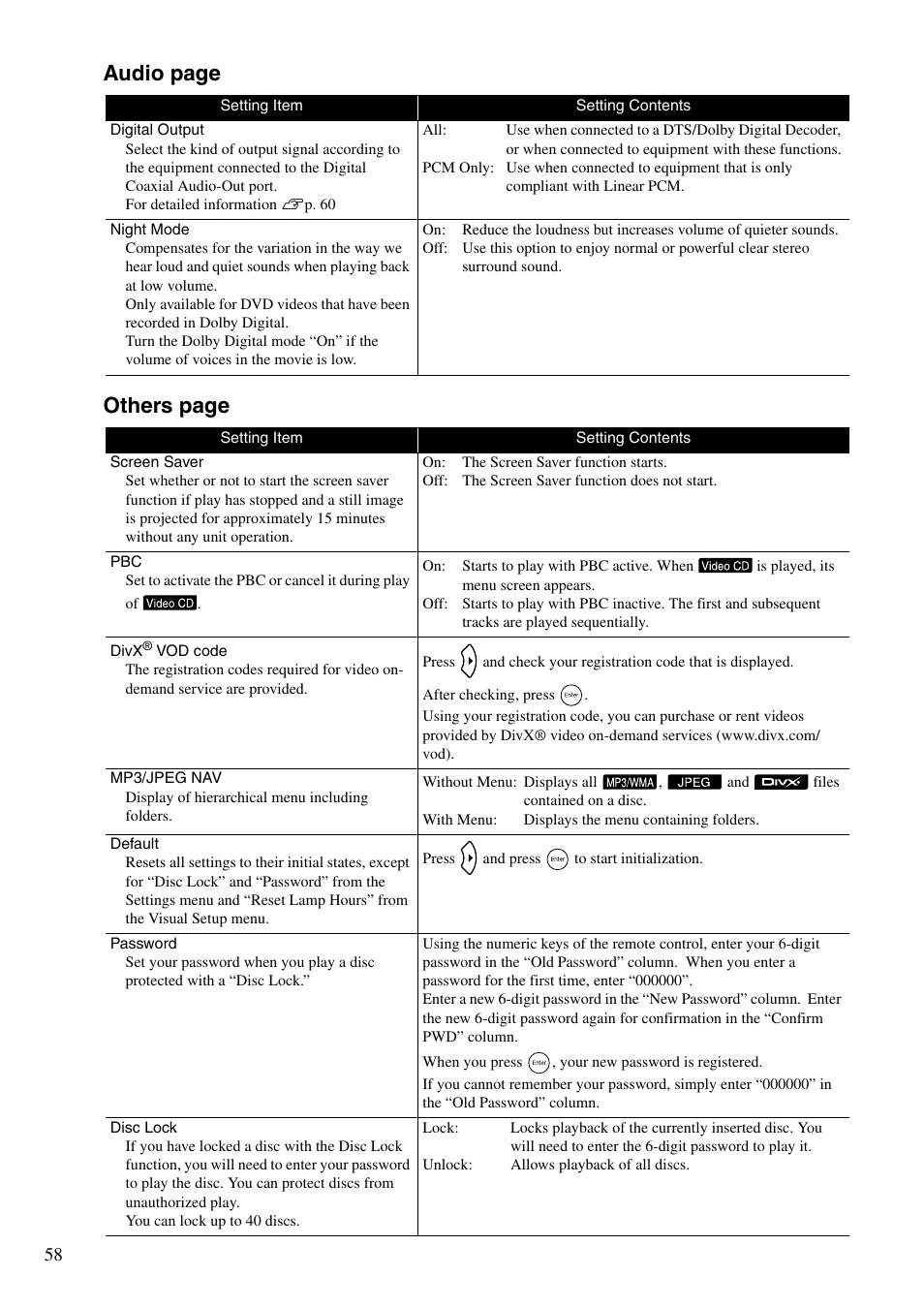 Audio page others page | Epson EB-W8D User Manual | Page 60 / 91