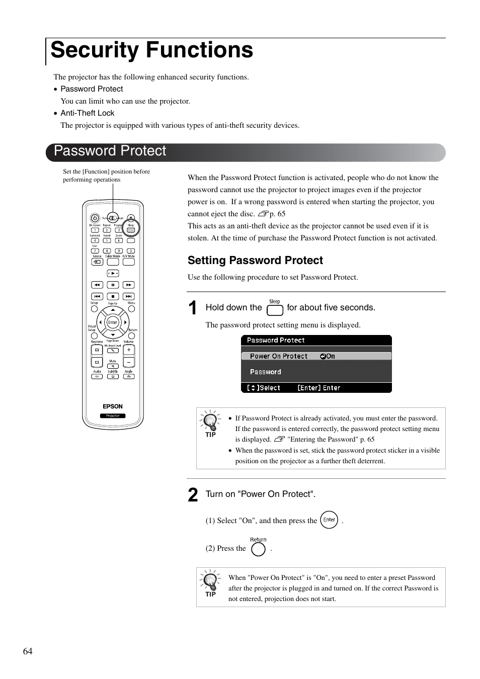 Security functions, Password protect, Setting password protect | Epson EB-W8D User Manual | Page 66 / 91