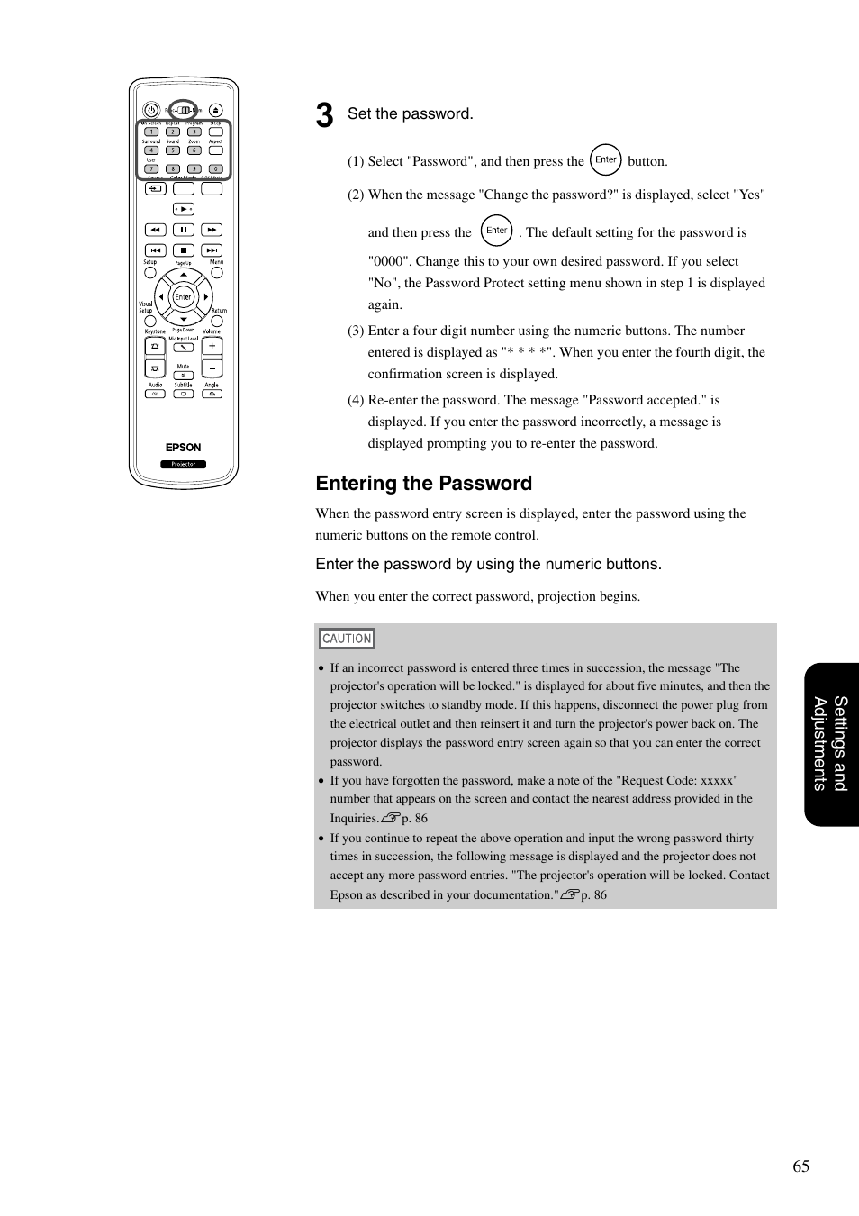 Entering the password | Epson EB-W8D User Manual | Page 67 / 91