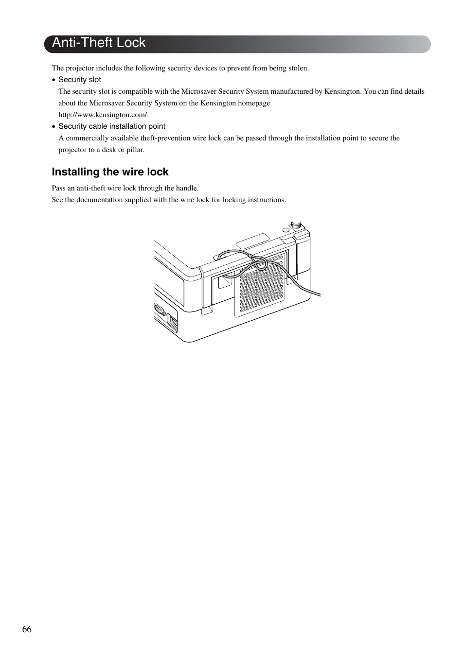 Anti-theft lock, It in place, P. 66 | Installing the wire lock | Epson EB-W8D User Manual | Page 68 / 91