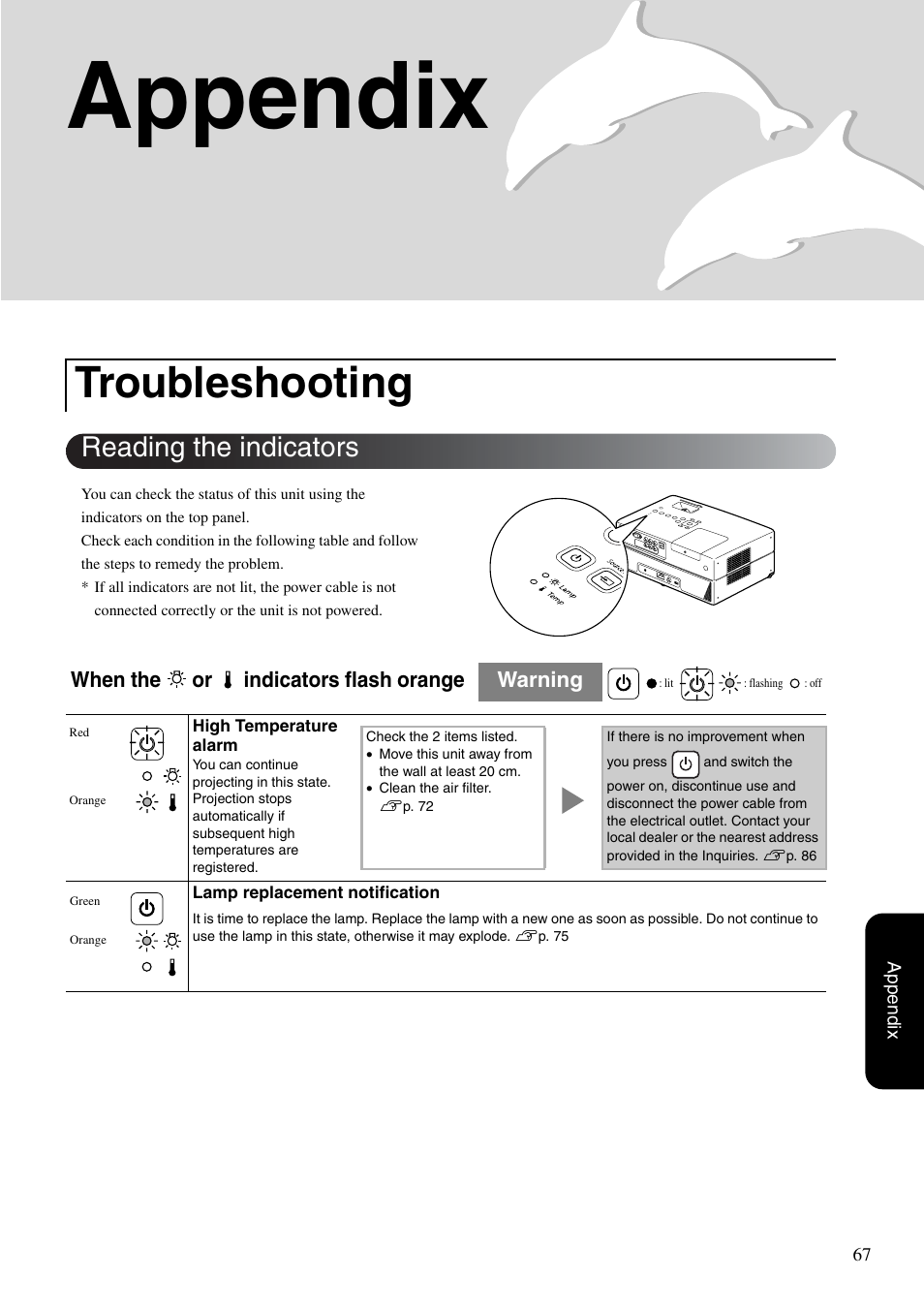 Appendix, Troubleshooting, Reading the indicators | P. 67, When the or indicators flash orange warning | Epson EB-W8D User Manual | Page 69 / 91