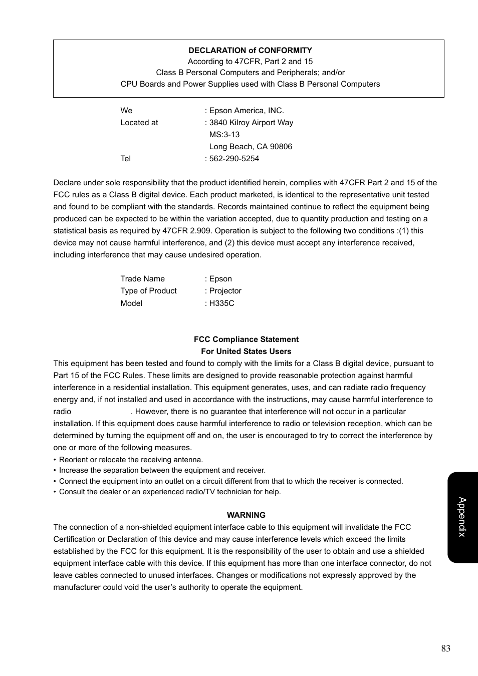 83 appendix | Epson EB-W8D User Manual | Page 85 / 91
