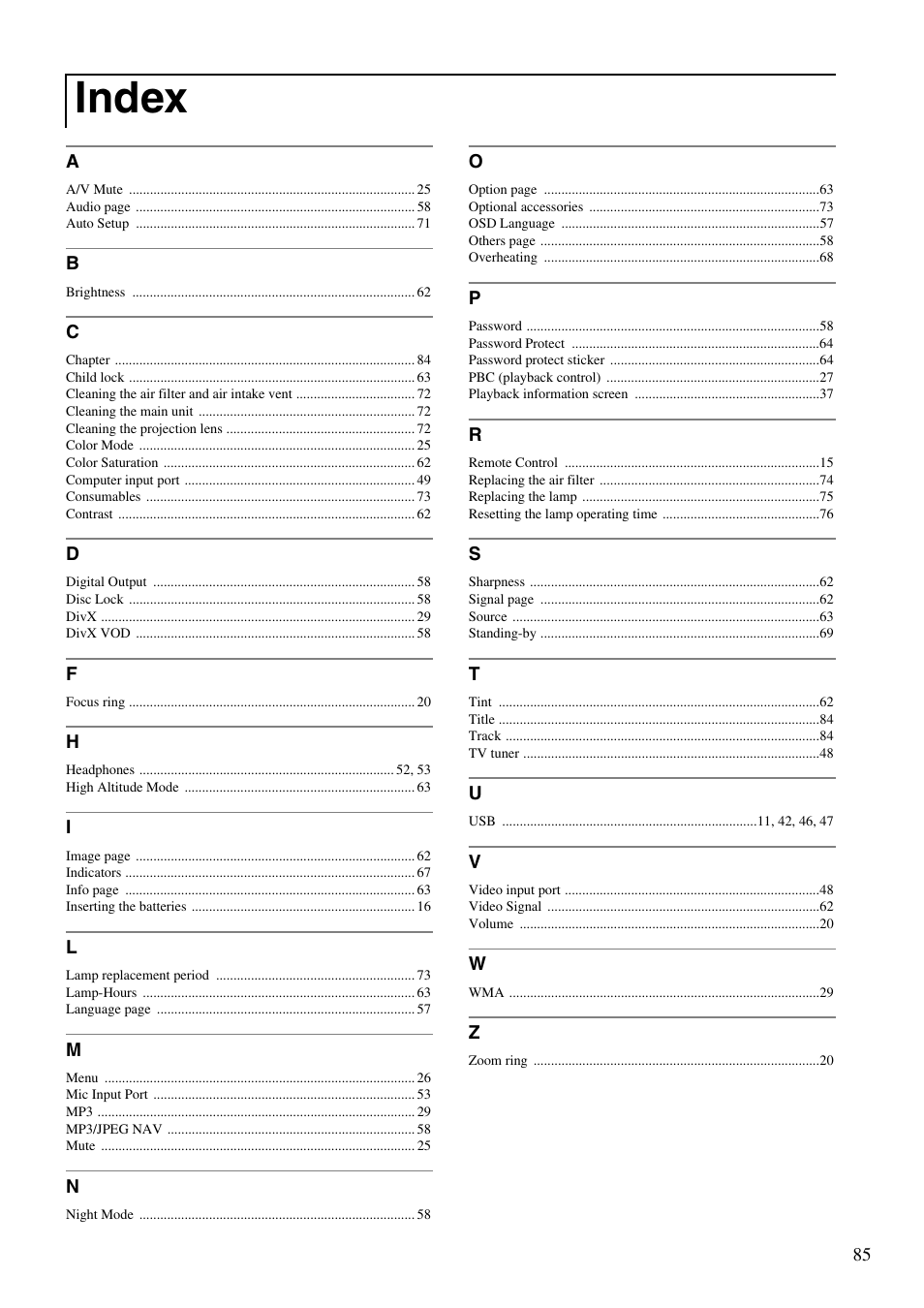 Index | Epson EB-W8D User Manual | Page 87 / 91