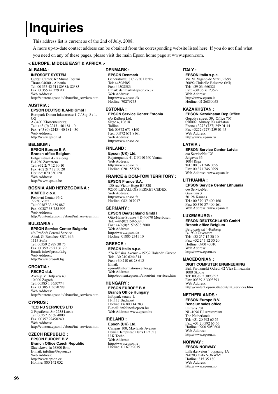 Inquiries, P. 86, Tation | Sp. 86 | Epson EB-W8D User Manual | Page 88 / 91