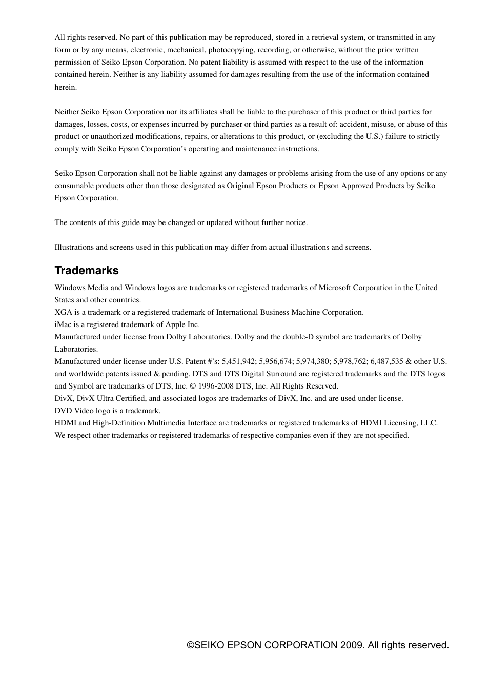 Trademarks, Seiko epson corporation 2009. all rights reserved | Epson EB-W8D User Manual | Page 91 / 91