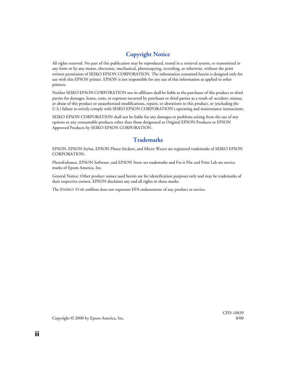 Copyright notice, Trademarks | Epson 777/777i User Manual | Page 2 / 53