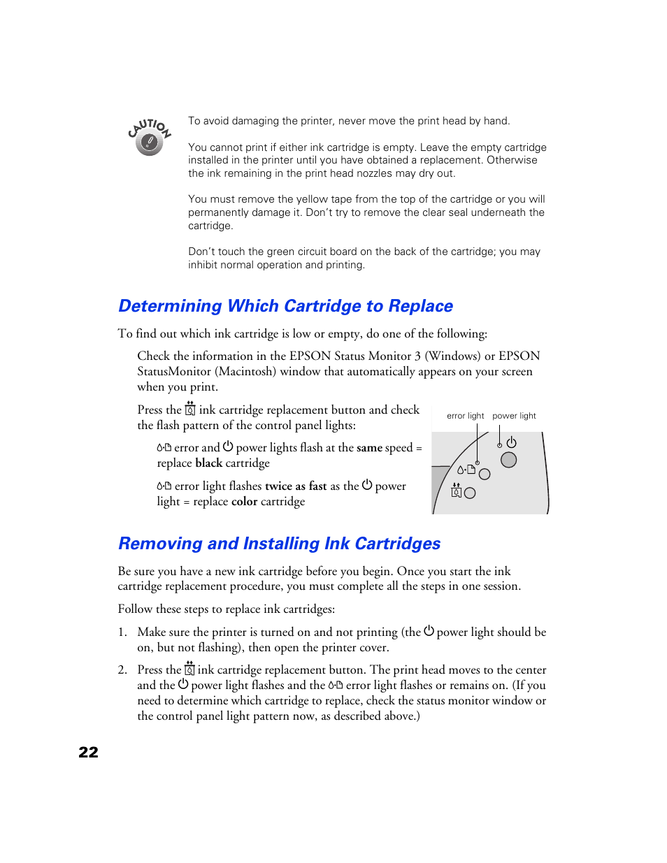 Removing and installing ink cartridges, Determining which cartidge to replace, Determining which cartridge to replace | Epson 777/777i User Manual | Page 26 / 53