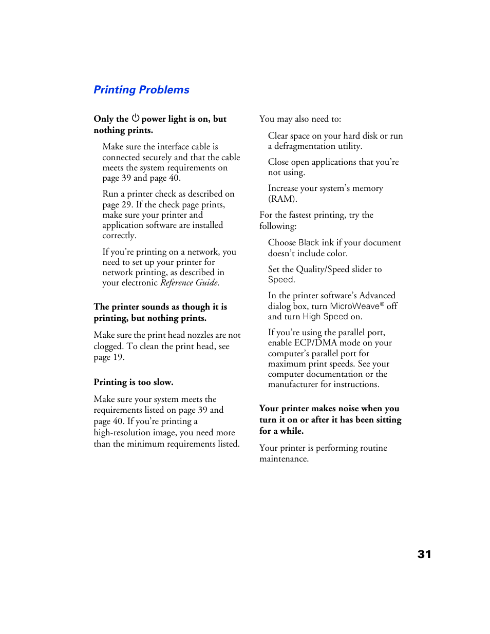 Printing problems, 31 printing problems | Epson 777/777i User Manual | Page 35 / 53
