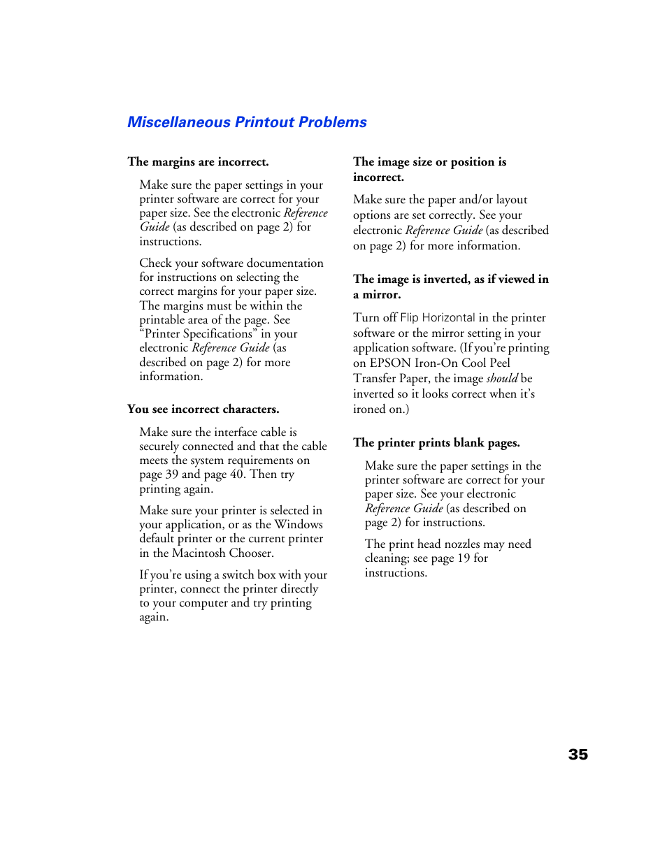 Miscellaneous printout problems, 35 miscellaneous printout problems | Epson 777/777i User Manual | Page 39 / 53