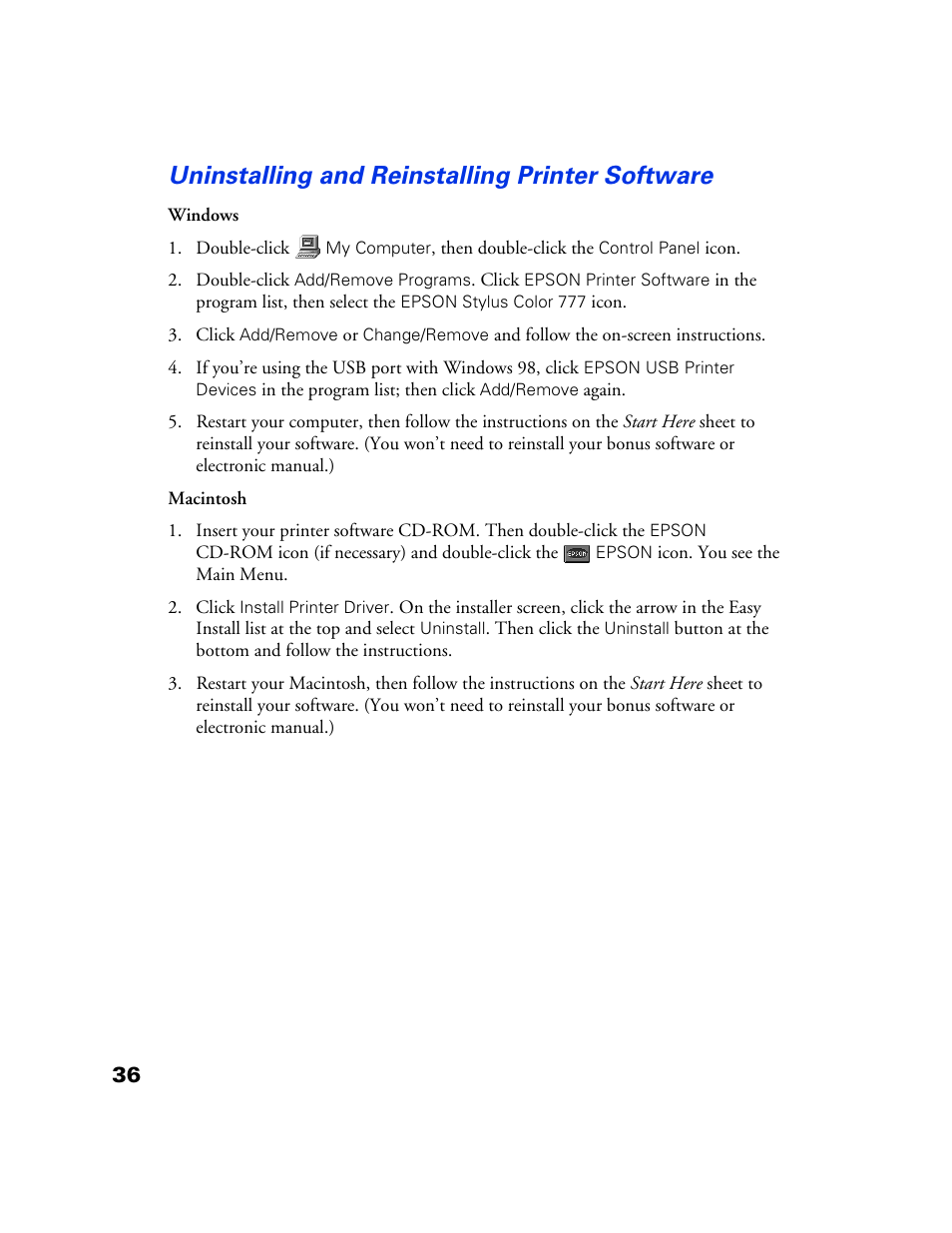 Uninstalling and reinstalling printer software | Epson 777/777i User Manual | Page 40 / 53