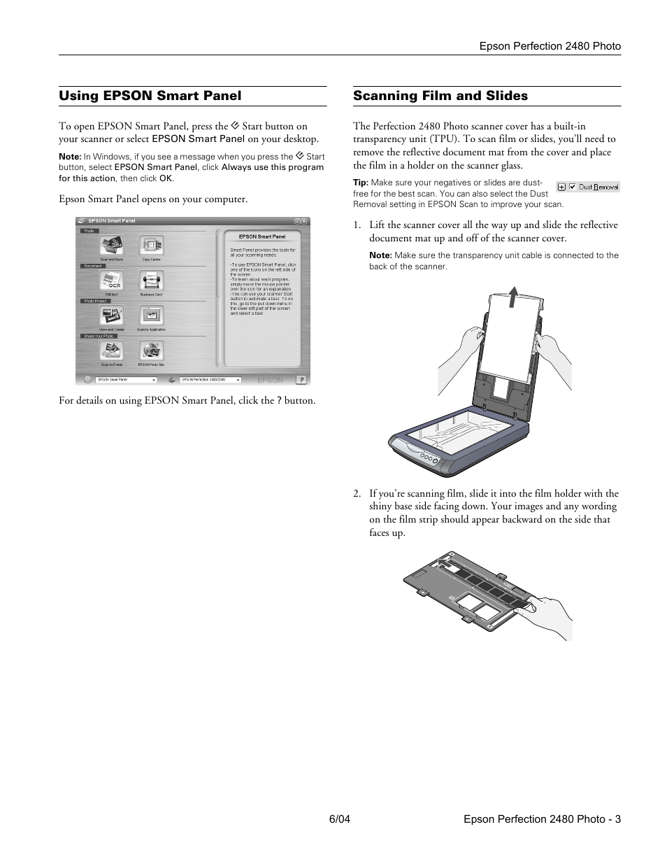 Using epson smart panel, Scanning film and slides | Epson PERFECTION 2480 User Manual | Page 3 / 6