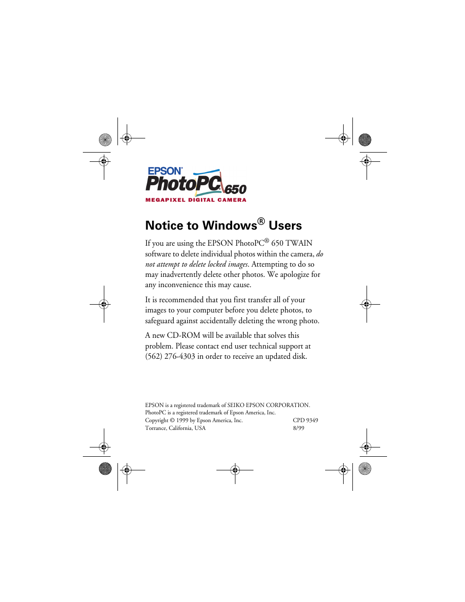 Notice to windows users-aug 1999, Notice to windows, Users | Epson PhotoPC 650 User Manual | Page 2 / 2