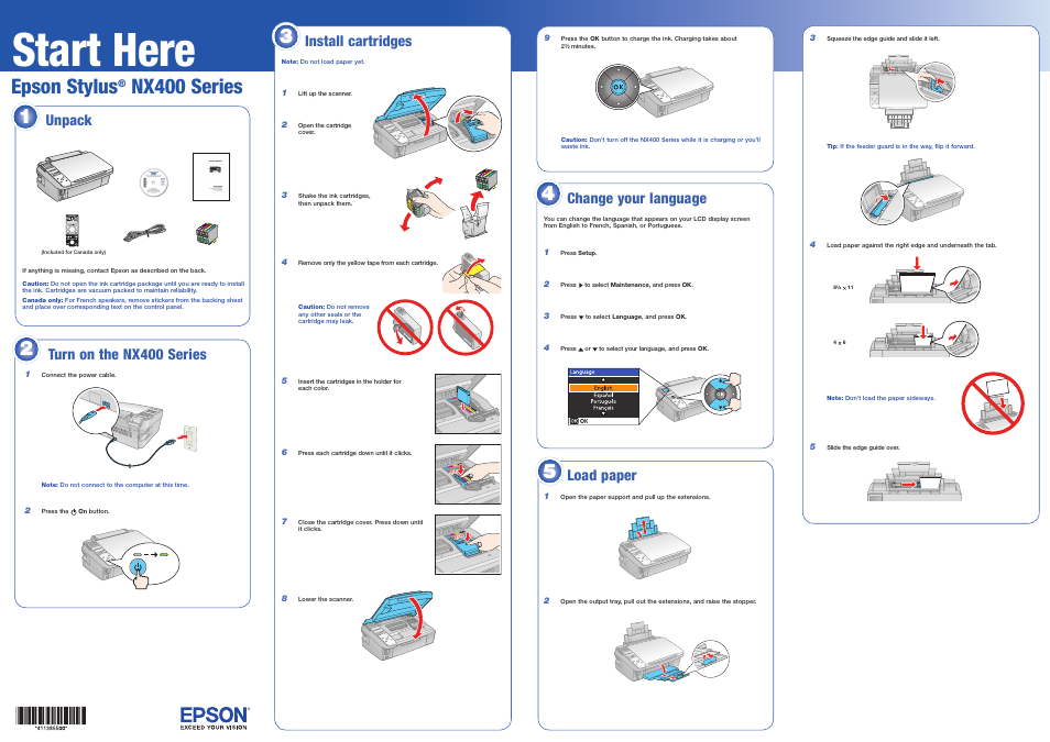 Start here, Epson stylus, Nx400 series | Unpack, Turn on the nx400 series, Load paper, Change your language, Install cartridges | Epson Stylus NX400 User Manual | Page 4 / 8