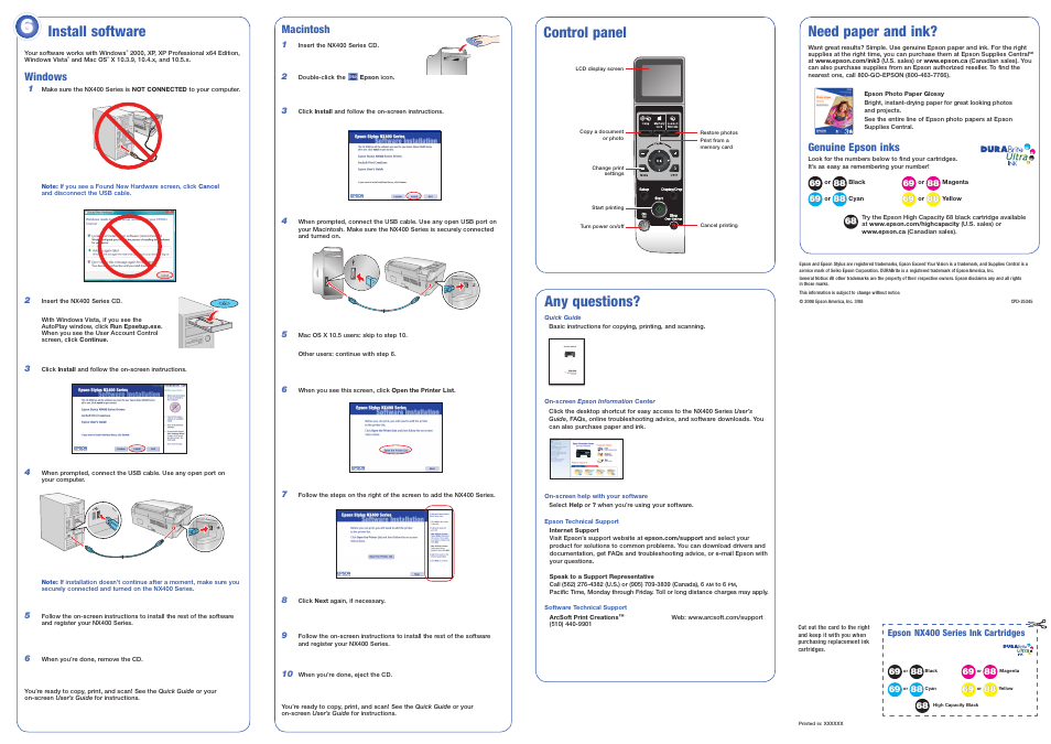 Install software, Windows, Any questions | Need paper and ink, Control panel, Macintosh, Genuine epson inks | Epson Stylus NX400 User Manual | Page 5 / 8