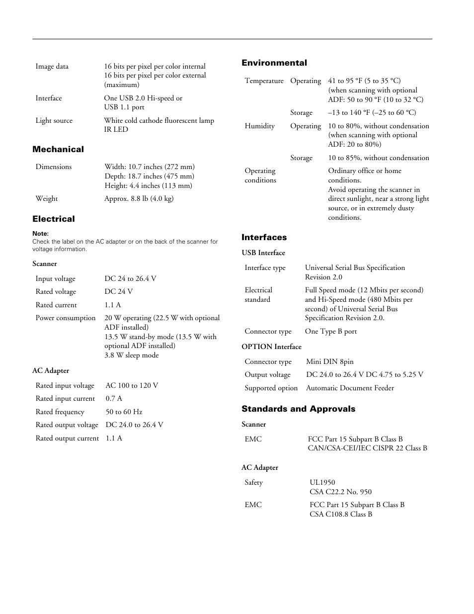 Mechanical, Electrical, Environmental | Interfaces, Standards and approvals | Epson Perfection Photo Scanner 4490 User Manual | Page 2 / 10