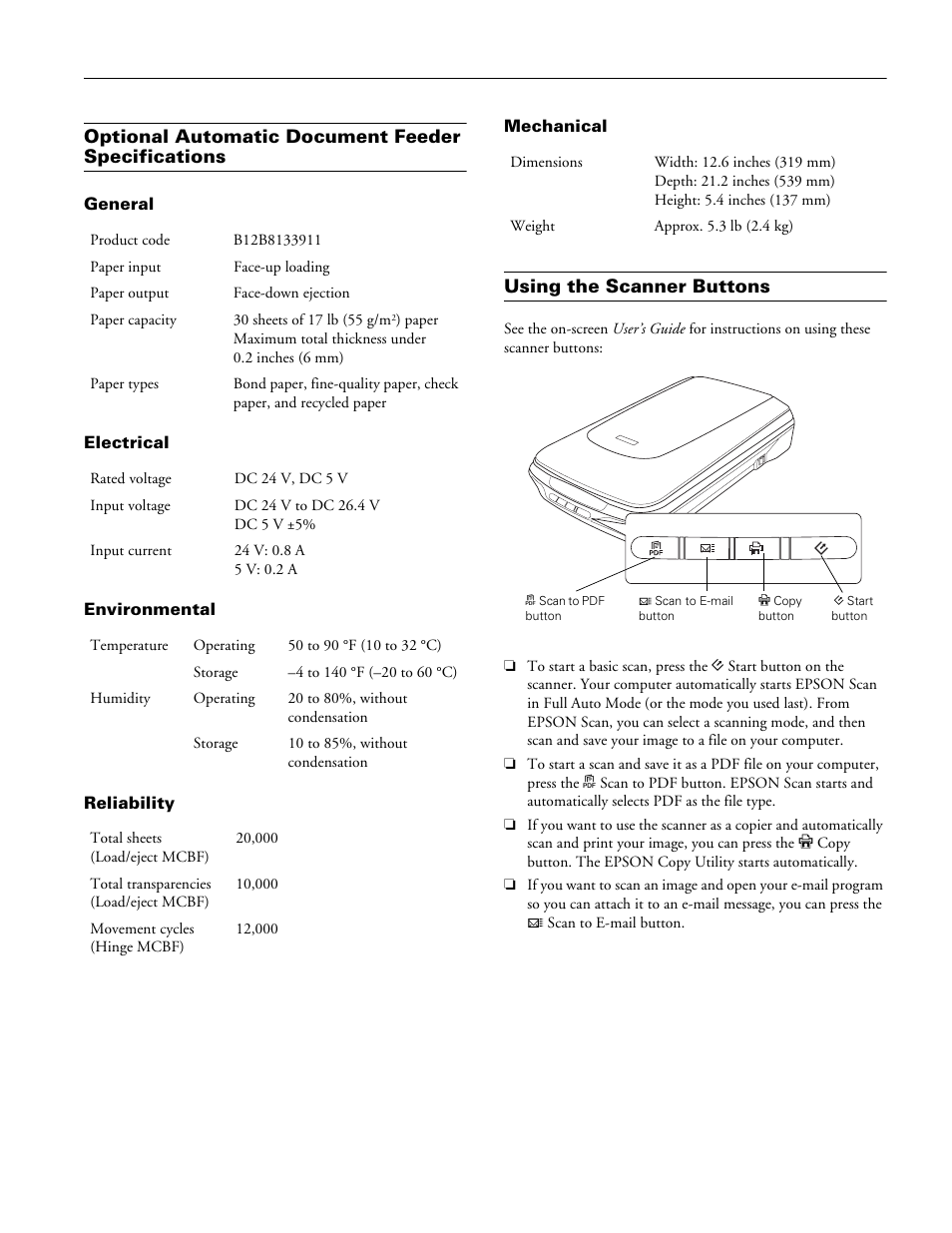 Optional automatic document feeder specifications, General, Electrical | Environmental, Reliability, Mechanical, Using the scanner buttons | Epson Perfection Photo Scanner 4490 User Manual | Page 3 / 10