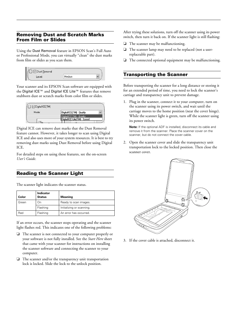 Reading the scanner light, Transporting the scanner | Epson Perfection Photo Scanner 4490 User Manual | Page 8 / 10