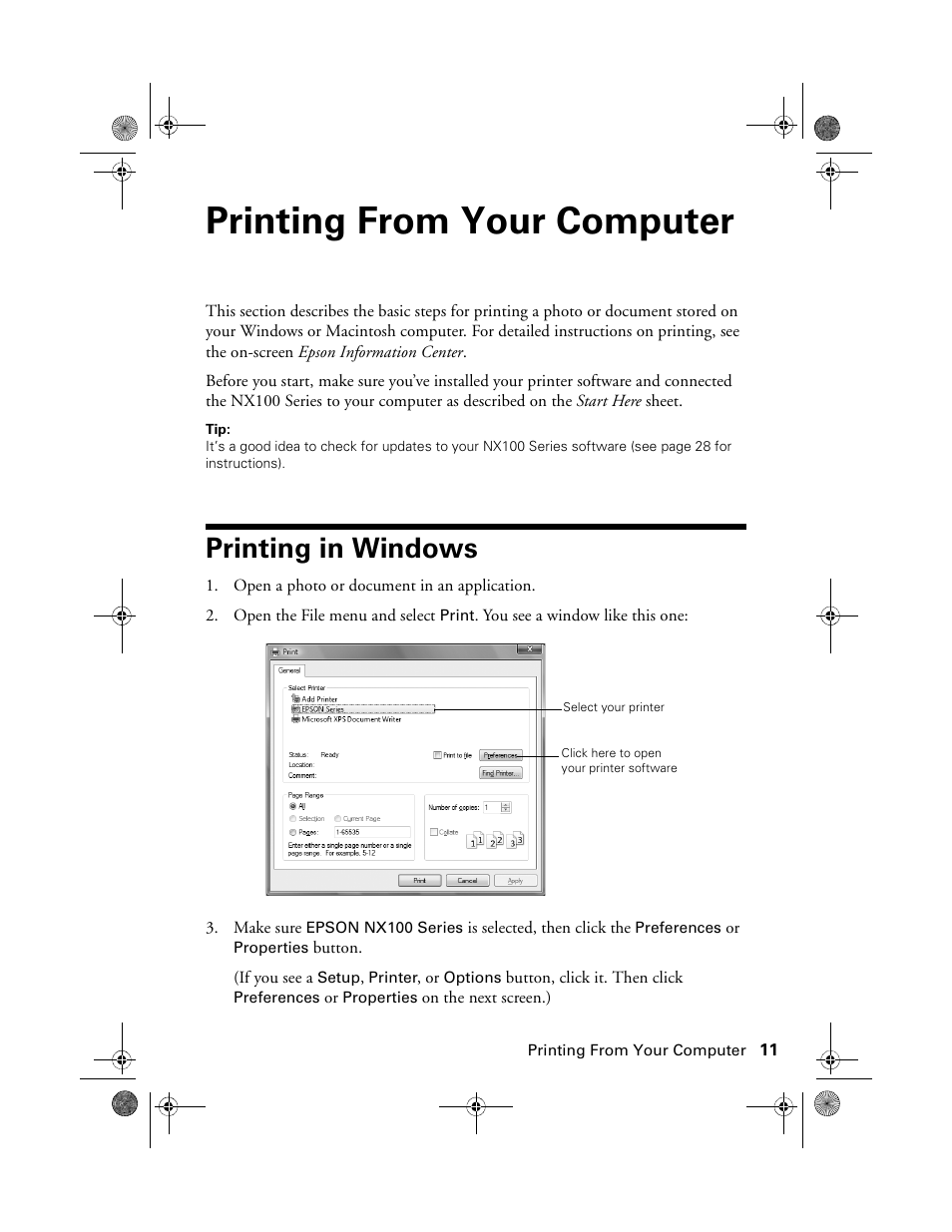 Printing from your computer, Printing in windows | Epson Stylus NX100 User Manual | Page 11 / 40