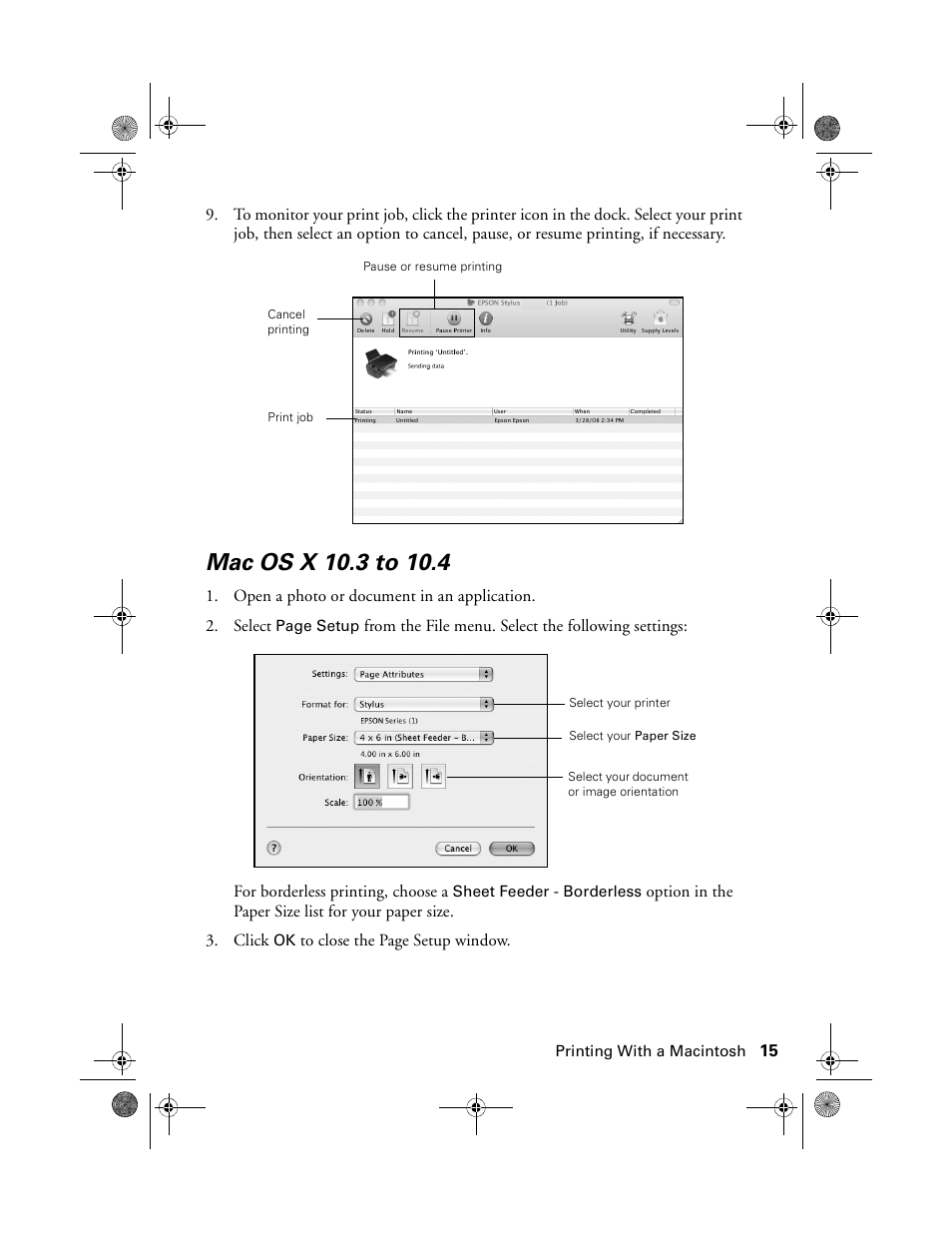 Mac os x 10.3 to 10.4 | Epson Stylus NX100 User Manual | Page 15 / 40