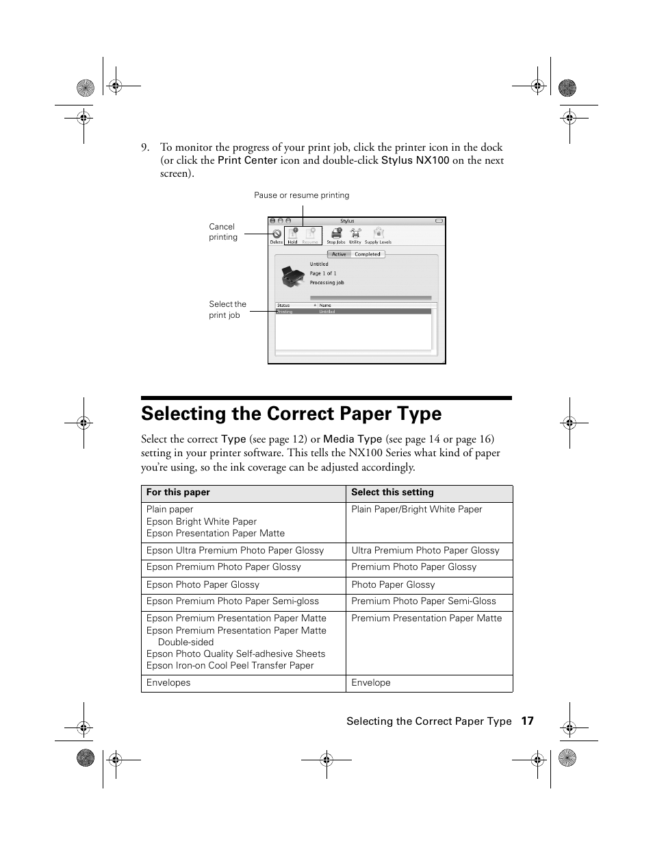 Selecting the correct paper type | Epson Stylus NX100 User Manual | Page 17 / 40