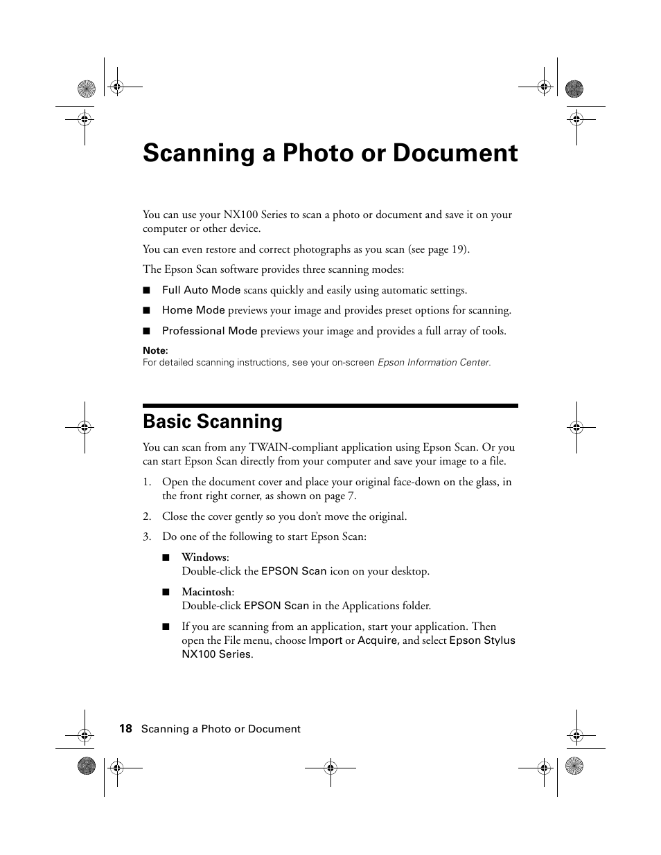 Scanning a photo or document, Basic scanning | Epson Stylus NX100 User Manual | Page 18 / 40
